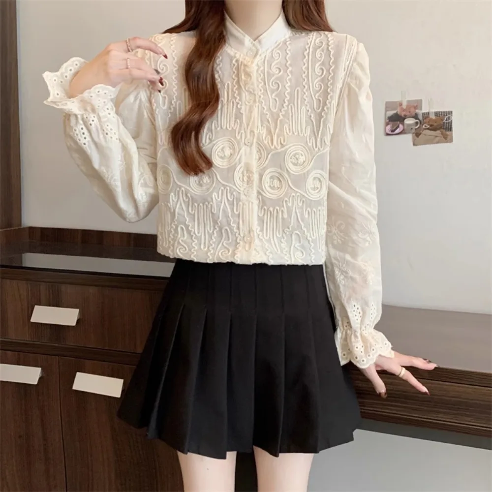 Vintage doux lourd décontracté à manches longues femmes chemise broderie printemps nouveau tout-match Blusas chemises littéraires exquises