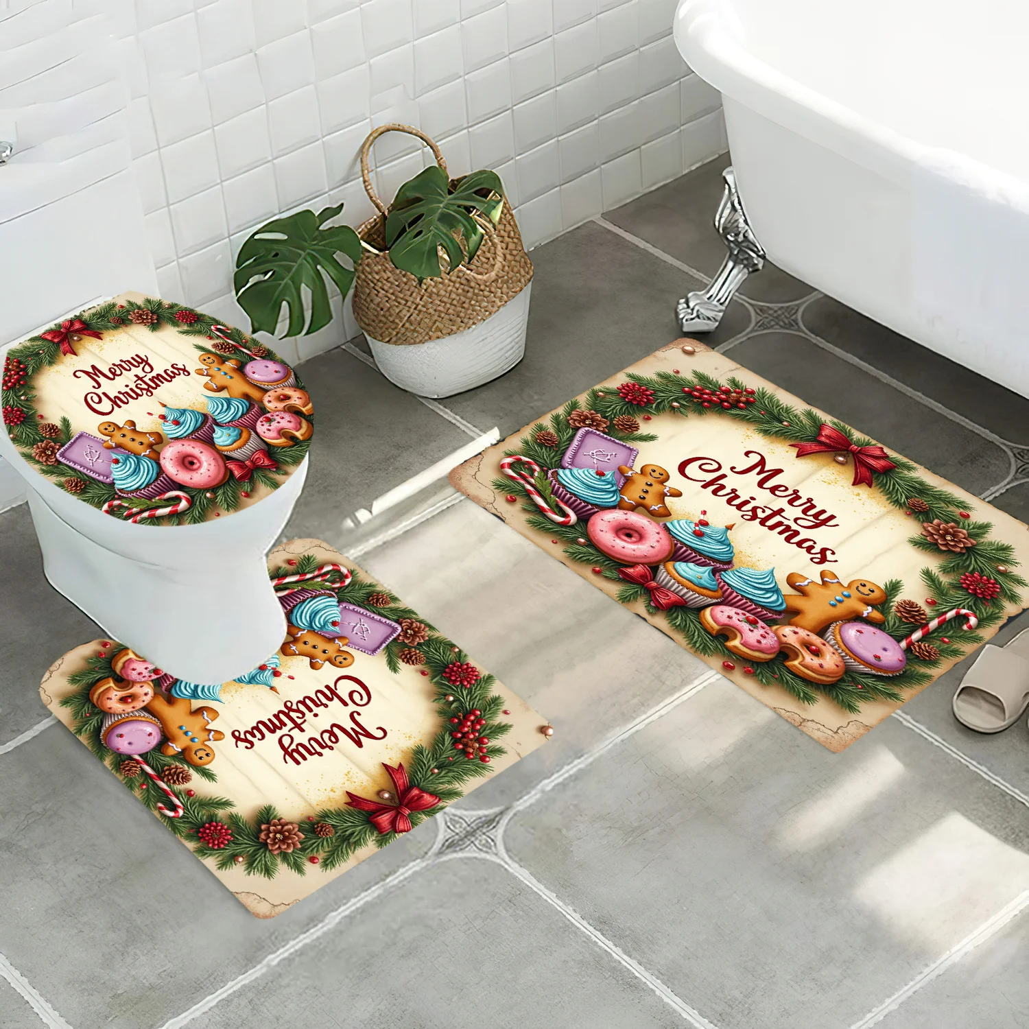 

3pcs ​​Rustic Gingerbread Christmas Bath Mat Set - Non-Slip Wreath Lid Cover for Cozy Holiday Decor & Sweet Festive Charm