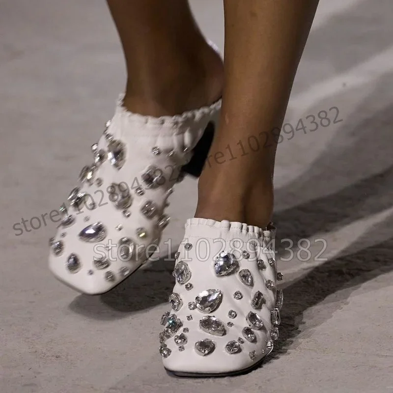 

Crystal Decor White Ruffles Square Toe Slippers Slip On Women Shoes Strange Style Heels Novel Fashion 2023 Zapatos Para Mujere