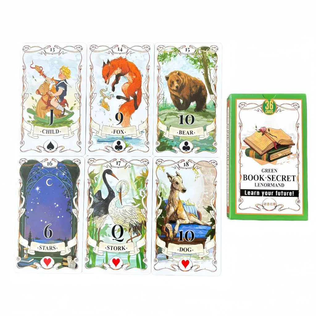 36 cartes Lenormand vintage à l'aquarelle pour la divination, art de jardin rétro, 10,3*6 cm, livret vert, jeu d'oracle Lenormand secret