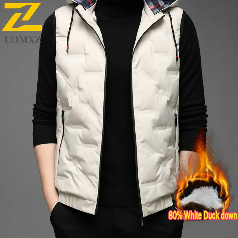 2025 New White Duck Down Vest Mens Winter Light Luxury Thick Windproof Down Jacket Casual Ski Cold-proof Puffer Sleeveless Parka