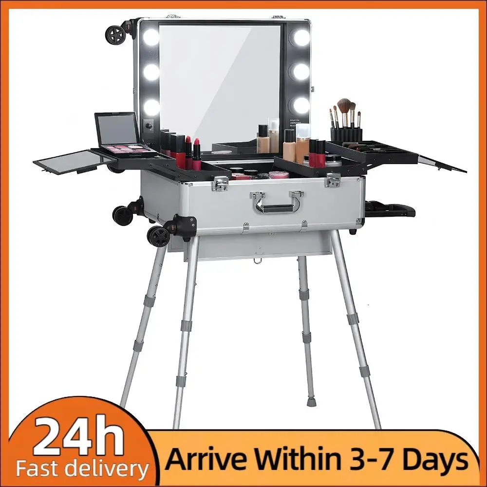 

Rolling Professional Makeup Storage Organizer Box with Mirror and Lights Make Up Carrier with Wheels Stands for Women and Girls