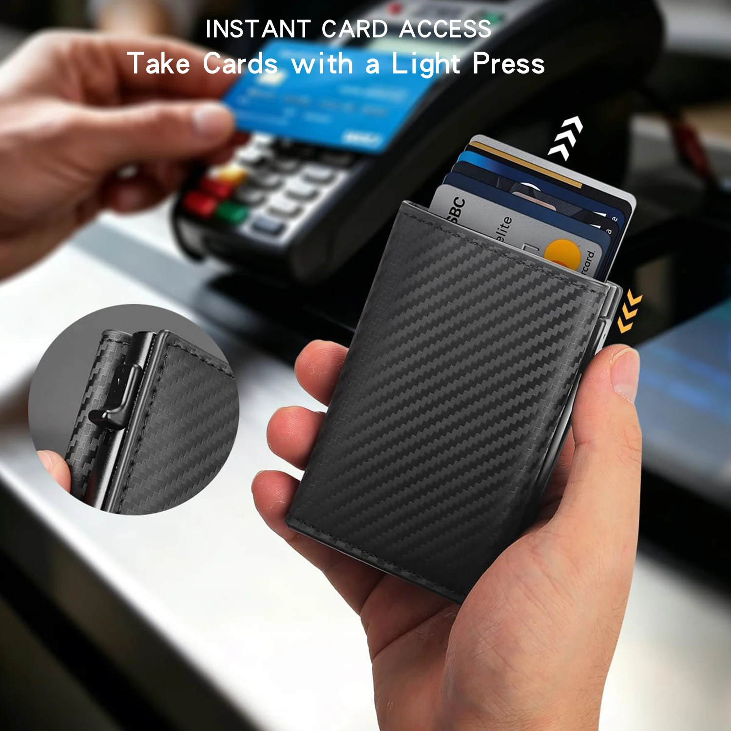 Mens Wallet Card Holder Pop Up Aluminum Case, RFID Blocking, Pocket 9-14 Card Capacity  ID Window  Cash Slot (Carbon Fiber)