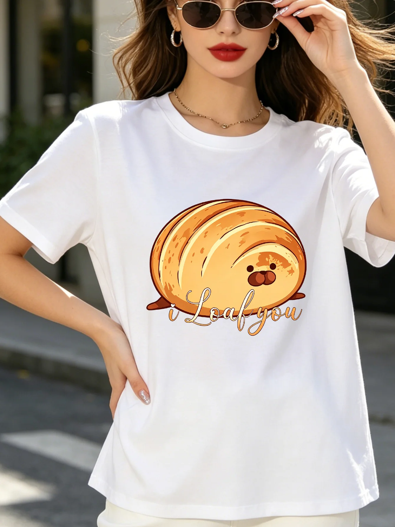 Women Crew Neck Tee Bread Character Text Graphic Print Short Sleeve Loose Ladies Summer Soft Cotton Plus Size Casual Street Top