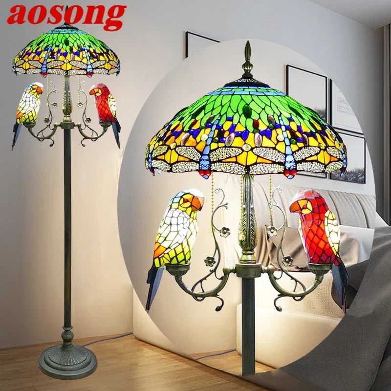 AOSONG Tiffany Floor Lamp American Retro Living Room Bedroom Lamp Country  Stained Glass Floor Lamp