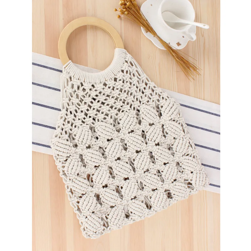 New Solid Color Handheld Woven Bag Trendy Women's Forest Grass Woven Bag Handmade Cotton Rope Beach Casual Bag