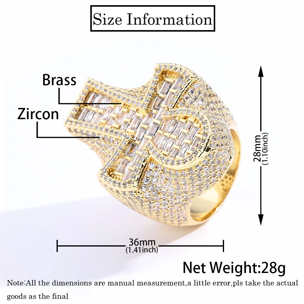 New Hip Hop Cross Ring Shining Ice Round T-shaped Cubic Zirconia Luxury Men's and Women's Jewelry Party Gift