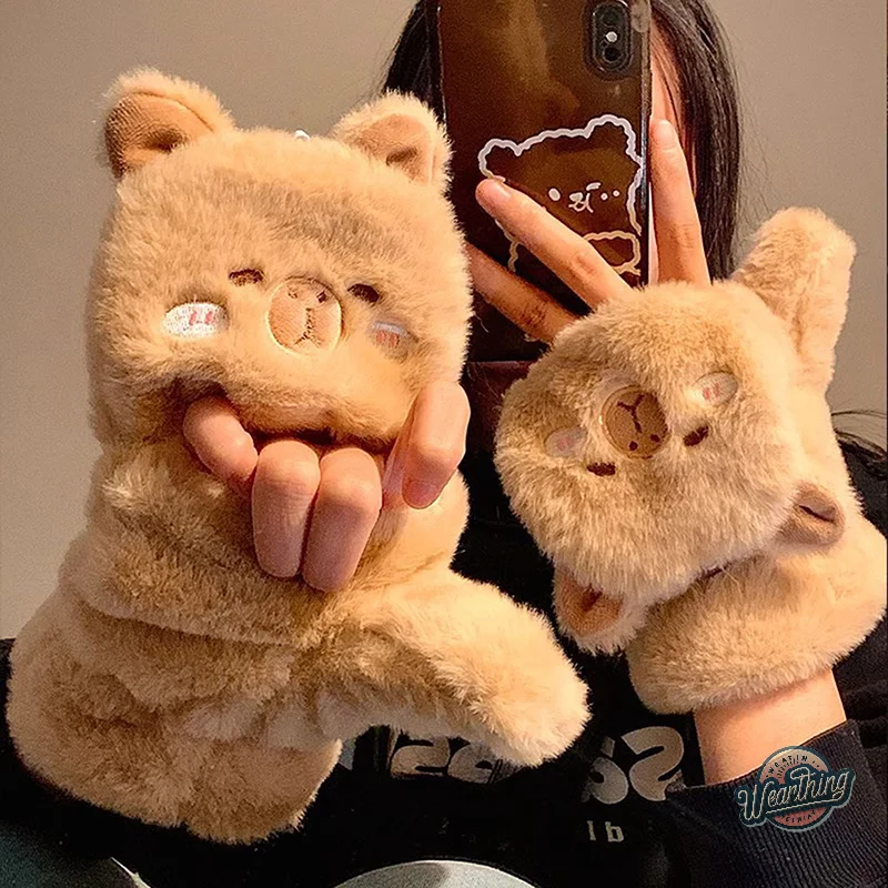 Women's Winter Gloves Kawaii 3D Capybara Gloves Set Cute Gloves Soft Plush Thicken Gloves Keep Warm Cartoon Scarves Winter