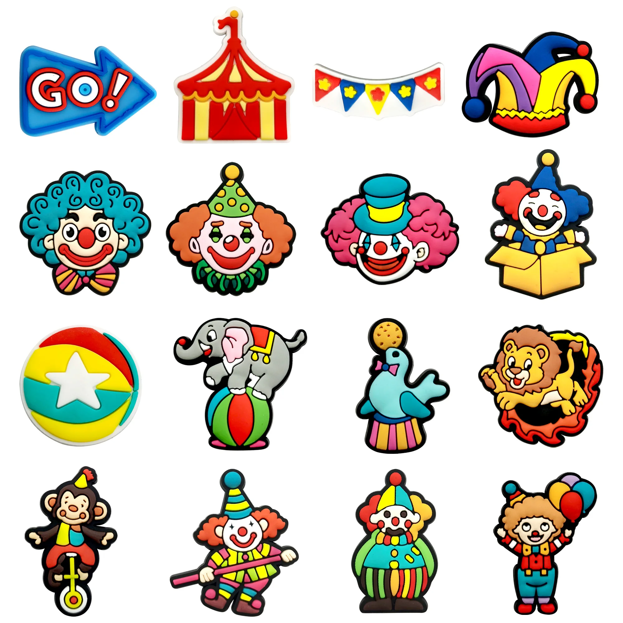 

9-100PCS cartoon Carnival Circus Shoe Charms Fantasy PVC Cute Joker Decoration high-quality Detachable Waterproof For Party Gift