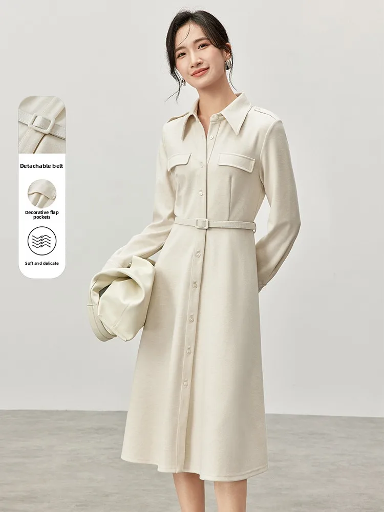 

Pure Color Shirt Dress Women's Commute High Waist A-Line Midi Dress Polyester Fiber Long Sleeve Button Detail City Commute