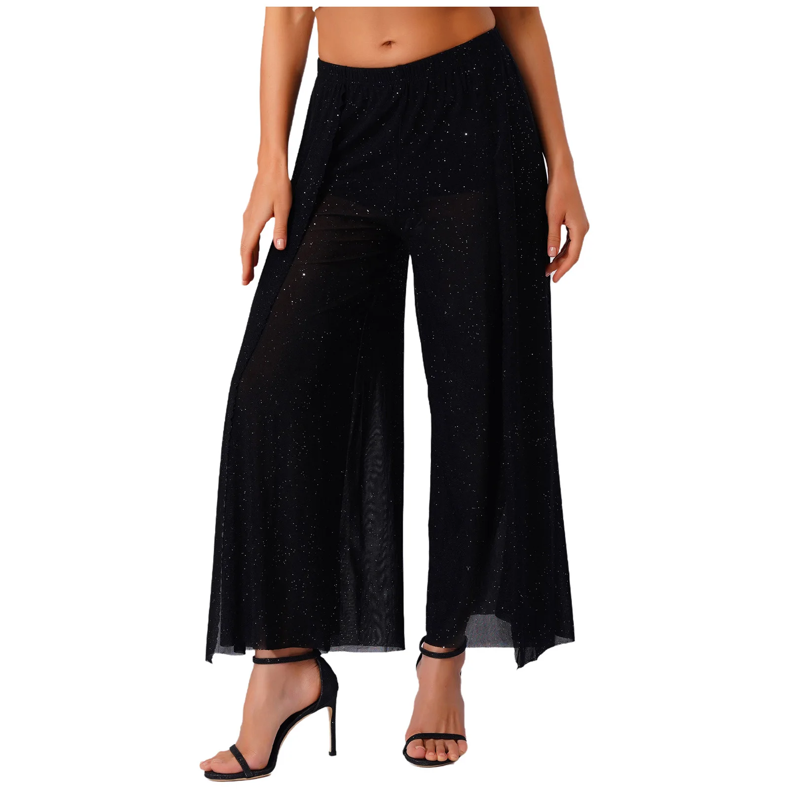 女性きらめくメッシュワイドレッグパンツ弾性ウエストサイドスリット内蔵ショーツロングパンツベリーダンススクエアダンスパフォーマンス用