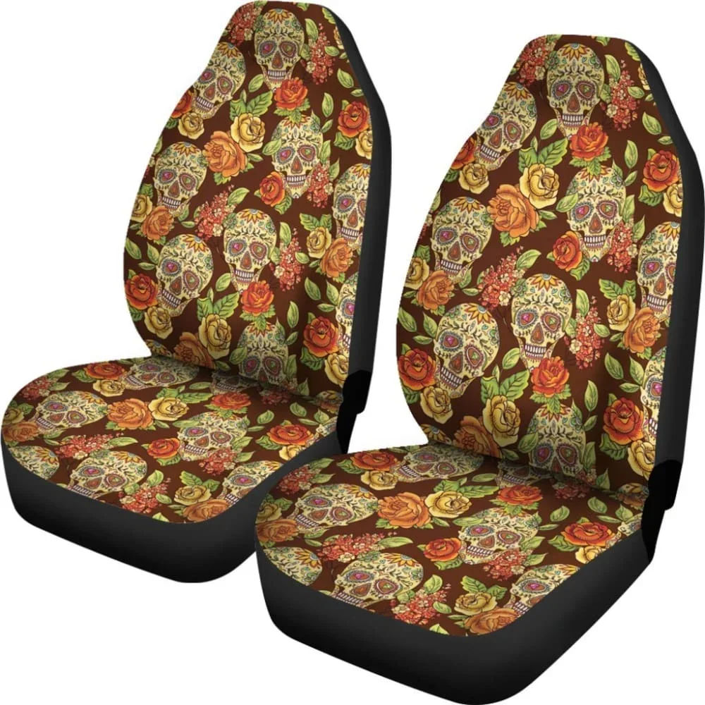 2 Pcs Sugar Skull Floral Car Seat Covers,Pack of 2 Universal Front Seat Protective Cover