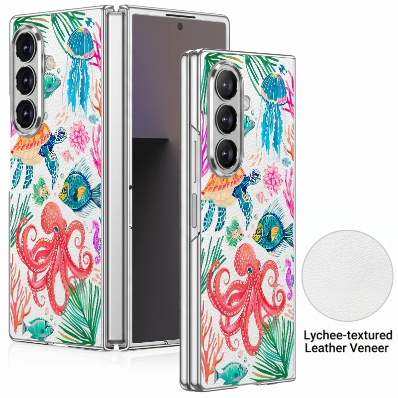 Sea Turtle Octopus Print PU Leather Phone Case For Samsung Galaxy Z Fold 7 6 5 Fold7 Fold6 Fold5 Plating Frame PC Folding Cover
