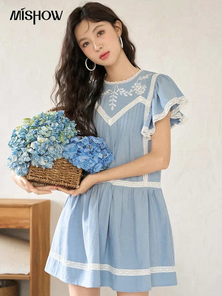 MISHOW Lace Embroidery Dress for Women 2023 Summer Flying Sleeve Contrast Color O Neck Fashion Knee-Length Dresses MXC39L1562