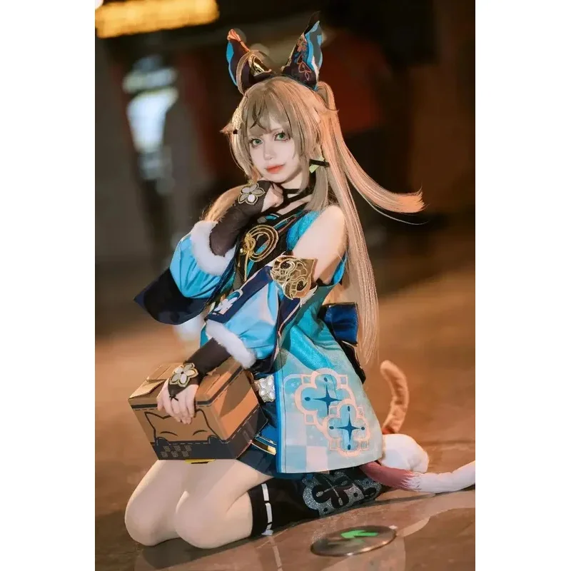 Disfraz de Cosplay de CyGenshin Impact Kirara, traje de mujer con orejas y cola, peluca, tema de juego de fiesta de Carnaval y Halloween