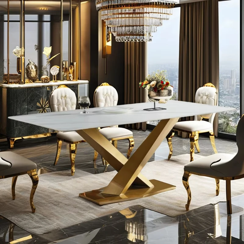 

Light Luxury Modern 6 Seat Dining Table and Chair Set Rectangular Stainless Steel with Gold Legs Black Home Furniture