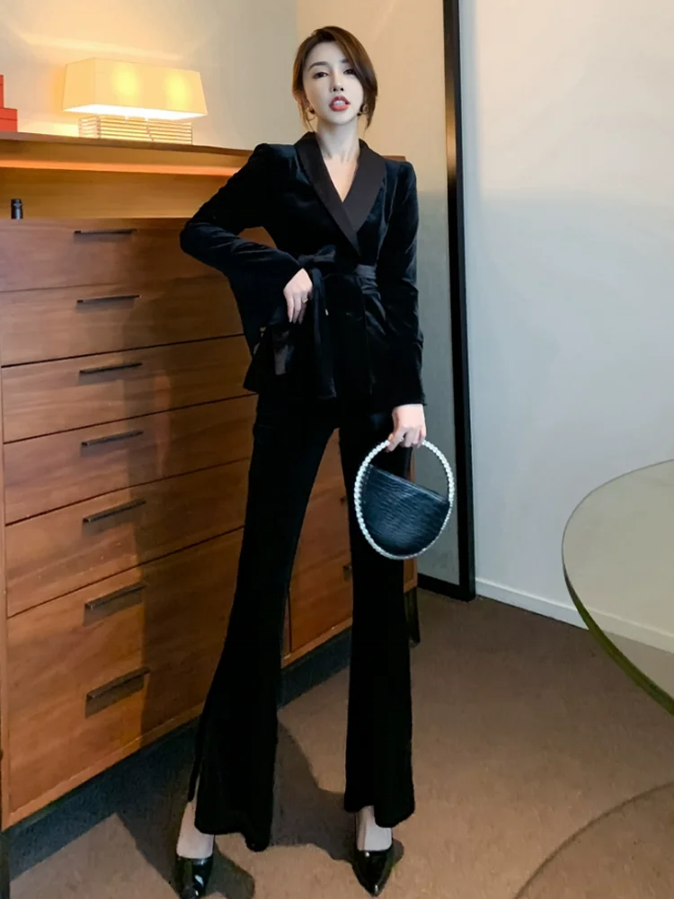 Autumn New Office Ladies Double Breasted Belt Blazer Coat Flare Pants Two Piece Work Set Elegant Women Slim Fit Velvet Suit Sets