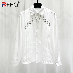 PFHQ New Niche Metal Design Pleated Striped Men's Shirt Trendy Fashionable Loose Casual Versatile Long Sleeved Tops 21Z6100