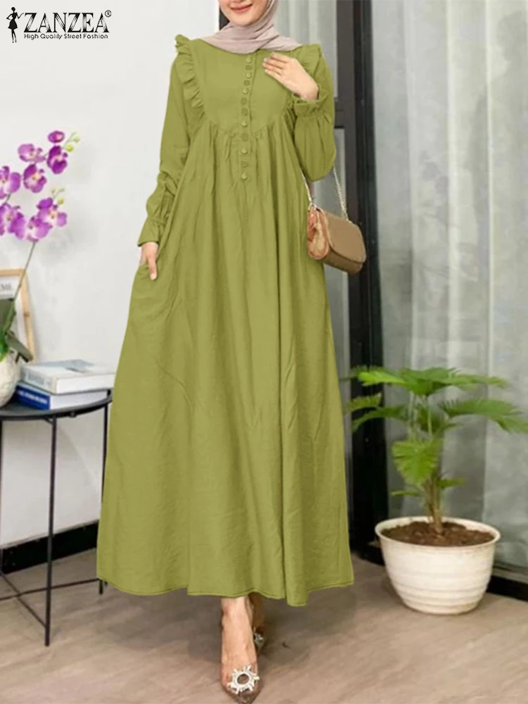 Eid Mubarek bata moda vestidos musulmanes Abaya 2025 ZANZEA mujeres elegante manga larga sólido volantes Vestido de verano IsIamic Hijab Vestido