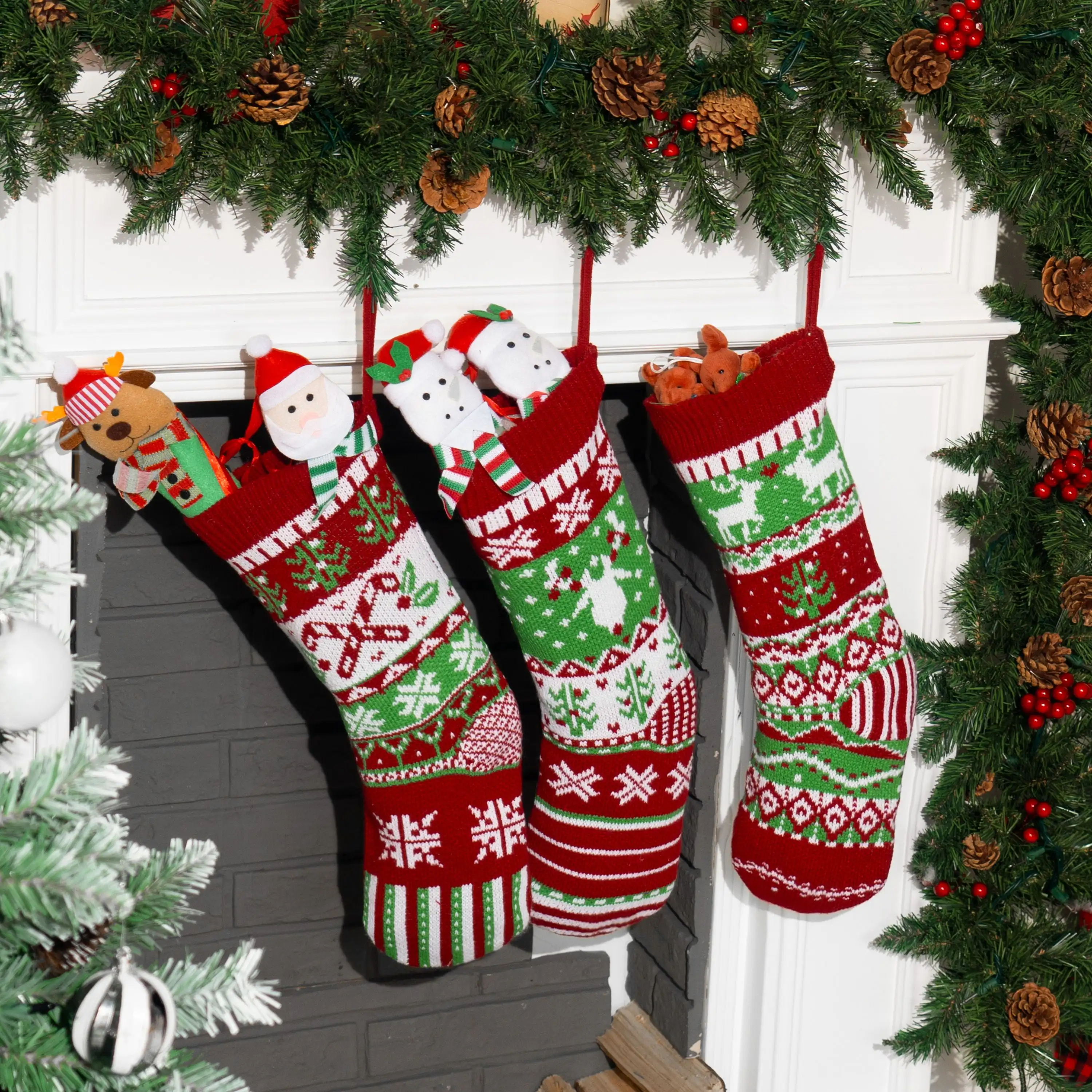 Joyfy 3 Pcs 18" Knit Christmas Stockings Large Rustic Cable Knit Xmas Stocking in Red & Green for Christmas Holiday Decorations