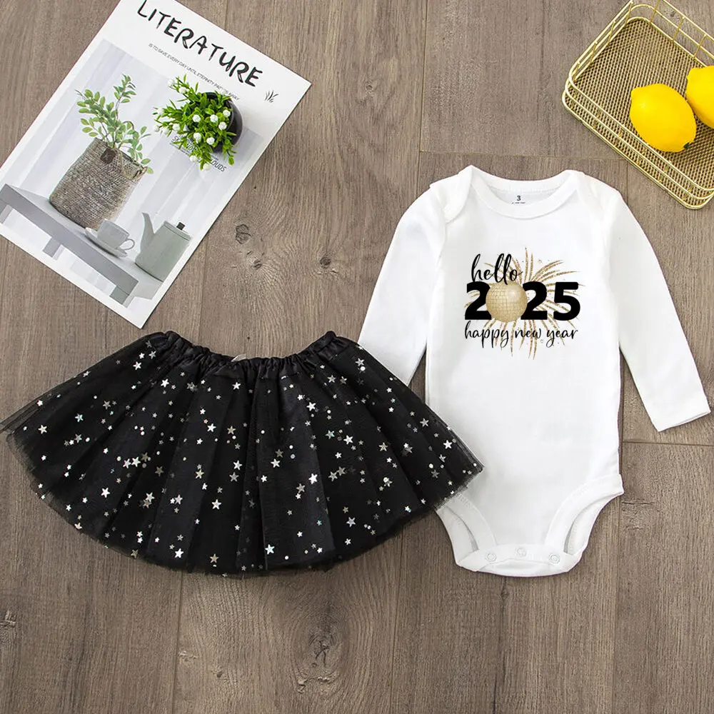 Hello 2025 Printed Baby Girls Bodysuit Tutu Set Happy New Year Girl Long Sleeve Romper Dress Skirt Infant Dresses Outfit 2 Pcs