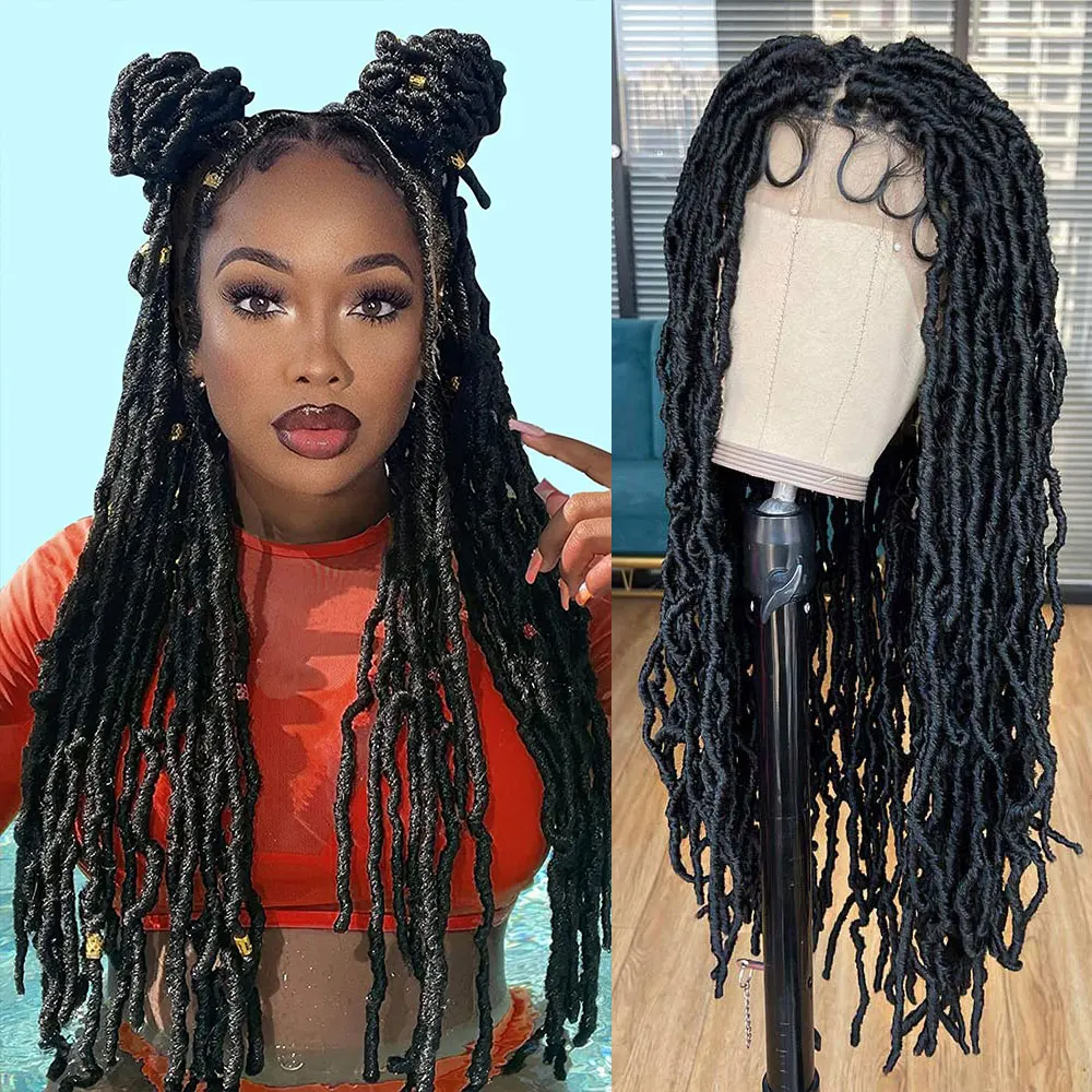 

32 Inches Full Double Lace Front Square Knotless Locs Braided Wigs for Black Women Loc Braid Wig With Baby Hair Black Synthetic