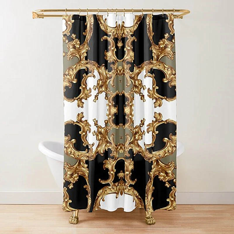 Golden Baroque Symmetrical Shower Curtain,golden Lion and Damask Ornament Luxury Design Gold Lace Bathroom Shower Curtains Set