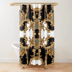 Golden Baroque Symmetrical Shower Curtain, Paisley Bohemian Tribal Ethnic Damask Ornament Luxury Design Bathroom Shower Curtain