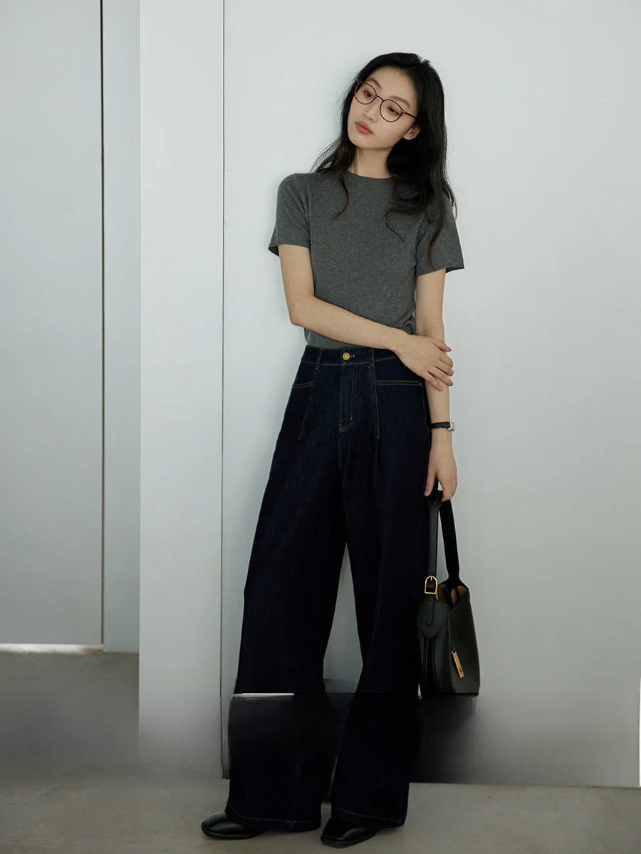 

Джинсы прямого кроя с высокой талией и широкими штанинами, темно-синие хлопковые женские осенние модные брюки свободного покроя в стиле ретро