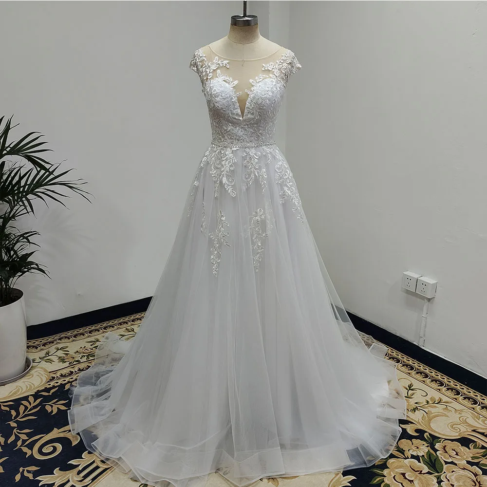 RODDRSYA Real Pictures Boho Tulle Wedding Dress A-Line Scoop Neck Cap Sleeves Bride Party Appliques Illusion Back Bridal Gown