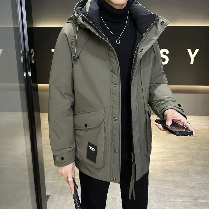 

Large Size Solid Color Casual Fashion Outcoat Winter New Men Down Jacket Male Mid-Length Thicken Cold Protection Hooded Outwear