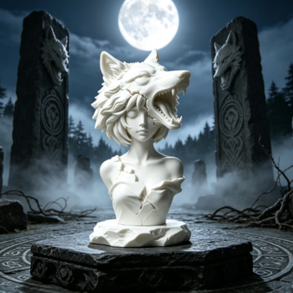 Cool Split Wolf Beast Head Lady Bust Figurine 3DPrinted Mini Desktop Ornament Dark Female Bust Gaming Desk Decor DIY Model Gifts