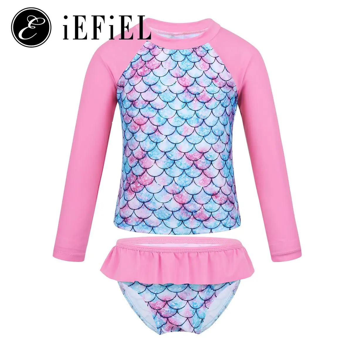 

Little Girls Mermaid 2 Pcs Tankini Sets Long Sleeve Fishcales Rashguard Shirts with Ruffles Brief Bathing Suit Beach Swimwear