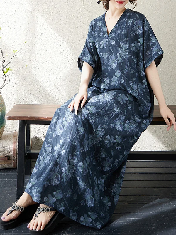 

Новая летняя свободная хлопково-льняная юбка-платье с принтом, V-образным вырезом, длиной ниже колена, в художественном стиле, для пляжа, женская, с рукавами «летучая мышь» и короткими рукавами, для прогулок по городу