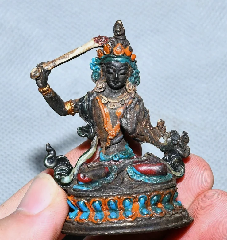 2.5'' Old Tibet Bronze Painting Wenshu Manjushri Hold a Sword Buddha Statue