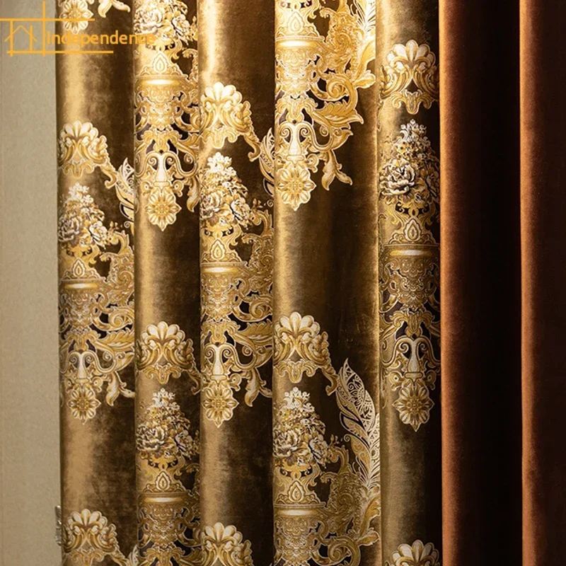 2024 New European-style High-end Velvet Jacquard Stitching Thickened Blackout Curtains for Living Room Bedroom Villa Finished