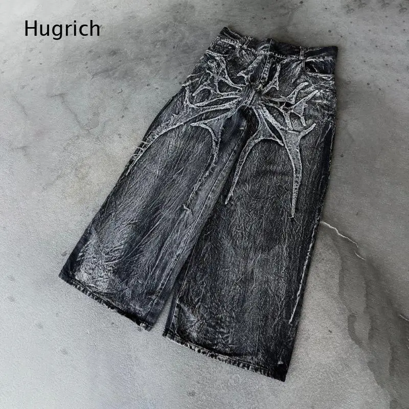 Vintage Faded Washed Baggy Denim Pants Back Raw Frayed Gothic Spider Pattern Patch High Waist Relaxed Jean Trousers