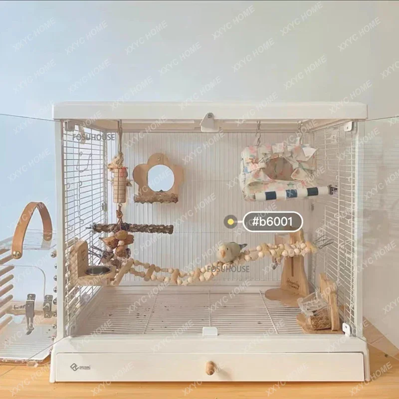 A Large Transparent Ornamental Glass Bird Cage Home Parrot Cage Villa Tiger Skin Peony Black Phoenix Breeding Cage Pet Furniture