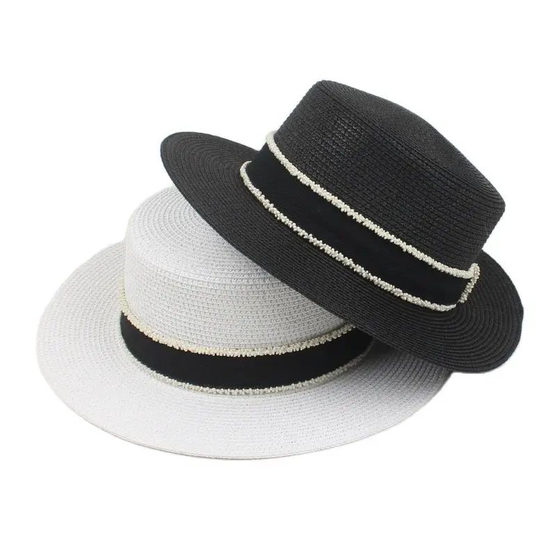 

Flat brim ribbon straw hat for women Summer outdoor female students bowknot ribbon sun hats Sun protection cap