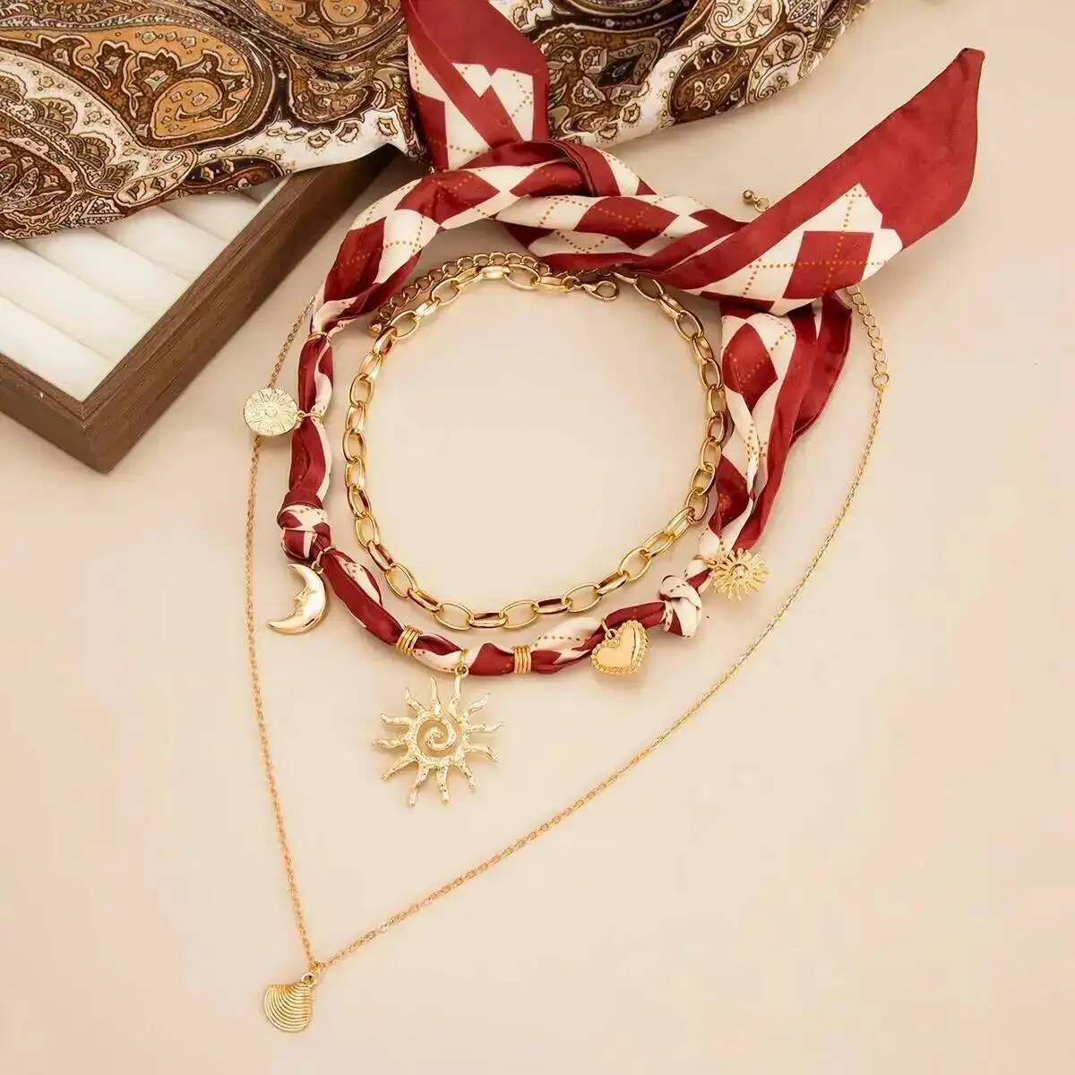 KunJoe 3pcs/set Bohemian Golden Moon Sun Conch Pendant Necklace Women 2026 Retro Weaving Scarf Choker Necklace Vacation Jewelry