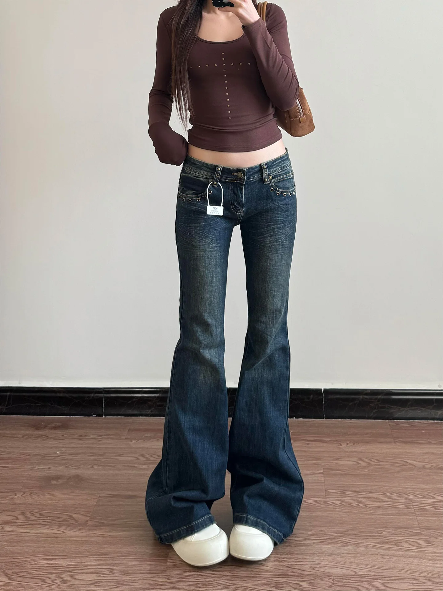 Retro Washed American Style Wide Leg Jeans Women's Autumn New Vintage Slim Fit Floor Length Denim Pants Natural Waist Pocket