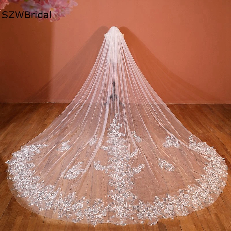 Elegant Cathedral wedding veils Lace Applique Welon ivory voile Bride Bridal Veil Sexy wedding accessories Vestido de noiva