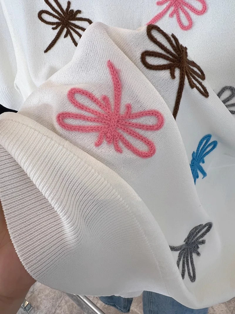 Women\'s Loose Round Neck Crochet T-shirts Sleeve Rainbow Color Dragonfly Embroidery T-shirt Summer Tops High Quality  B-058