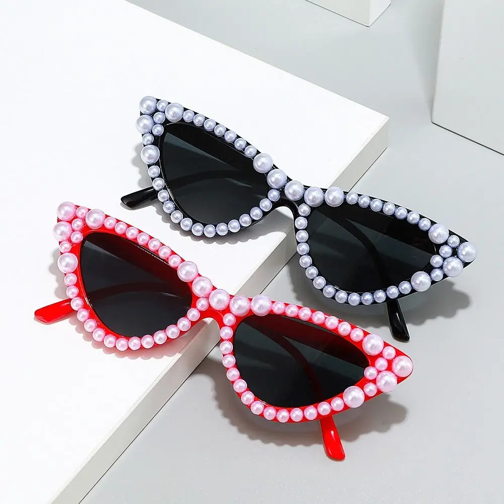 Korean Cat's Eye Frame Pearl Decoration Sunglasses Travel Sun-Protective Black Shades Glasses Bride Eyewear Outdoor