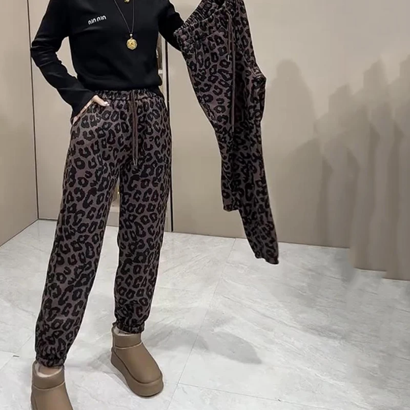 

Autumn Winter New Fashion Leopard Haren Trousers Women High Street Casual Loose Chic Pockets Plus Velvet Warm Ankle Length Pant