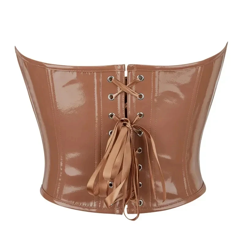 Brown Solid Shiny PVC Corset Crop Top Body Shaper Women Strapless Lace Up Gothic Bustiers Female Push Up Corselet Tube Top Vest