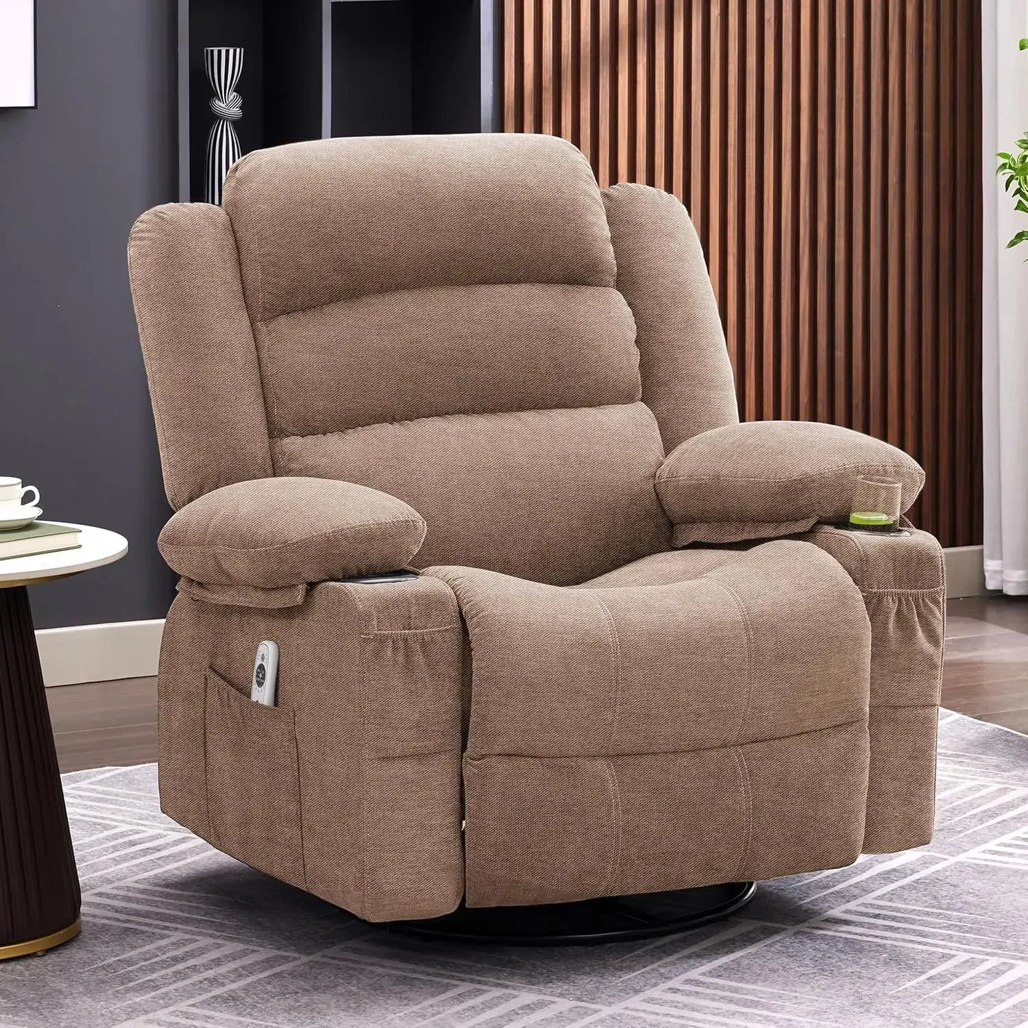Manual Brown Oversized Swivel Rocker Recliner Chair Heat Massage Nursery Rocking Seat Cup Holders Adult Lazy Sofa