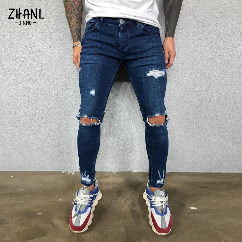 Streetwear Ripped Mens Skinny Pants Broken Man Jeans Joggers Fashion Black Casual Hip Hop Elastic Waist Cowboy Pants Men Clothes