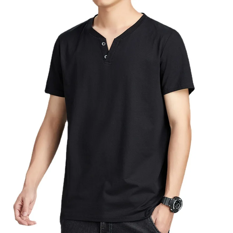 الصلبة اللون الخامس الرقبة زر قصيرة الصيف جديد تي شيرت قاعدة قميص كم أعلى الملابس الرجالية العصرية