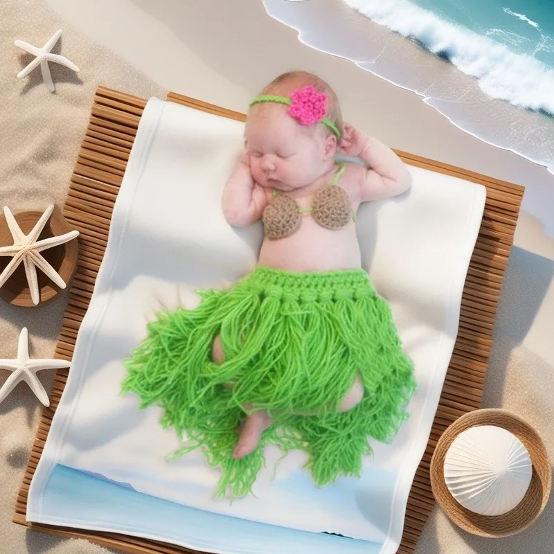 Beach Bikini Sets Newborn Photography Outfits Props Knitting Headdress, Bra and Grass Skirt Cute Infant Beach Photos Accessories